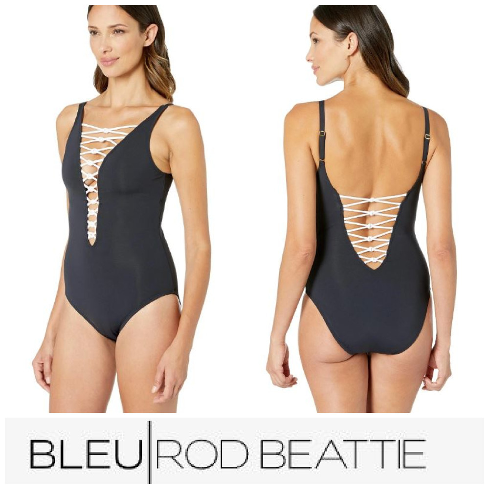 Bleu x Rod Beattie Let's Get Knotty Sz 12 Lace Detail One Piece Swimsuit Blk Wht